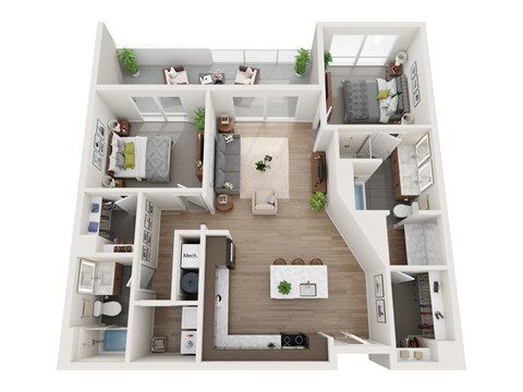 Floor plan for 2 beds, 2 baths, 1253 sqft